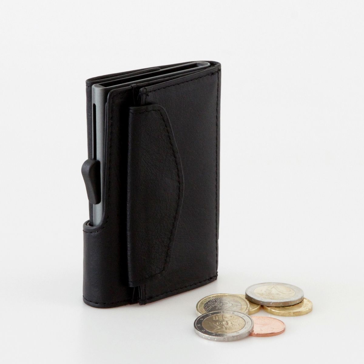 Aluminum Card Holder with PU Leather with Coin Pouch - Black